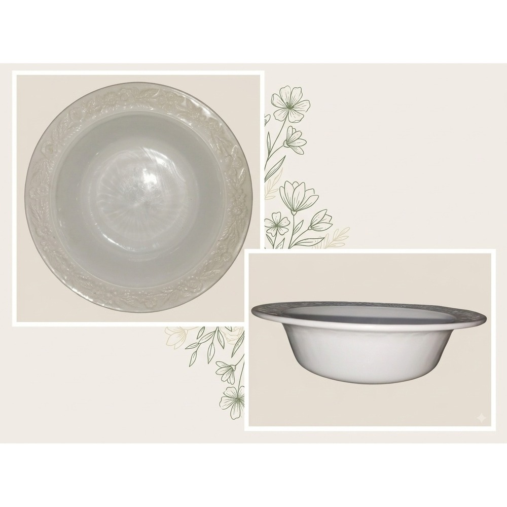 Vintage 1930's Anchor Hocking Milk Glass Derving Bowl With Embossed Floral Rim